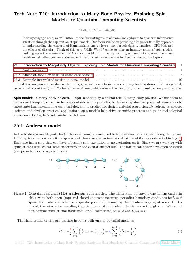 First page of Introduction to Many-Body Physics: Exploring Spin Models for Quantum Computing Scientists